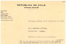 [Carta] 1942 sept. 19, Santiago, Chile [a] Gabriela Mistral, Petrópolis, Brasil
