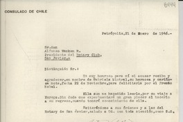 [Carta] 1946 ene. 21, Petrópolis [a] Alfonso Wanken R., Presidente del Rotary Club, San Javier, [Chile]