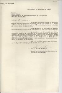 [Carta] 1946 ene. 21, Petrópolis [a] Fidel Iturra, Presidente de la Sociedad Nacional de Profesores, Santiago de Chile