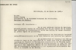 [Carta] 1946 ene. 21, Petrópolis [a] Fidel Iturra, Presidente de la Sociedad Nacional de Profesores, Santiago de Chile