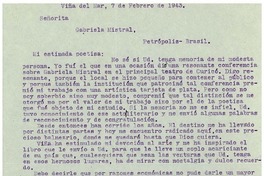 [Carta] 1943 feb. 7, Viña del Mar [a] Gabriela Mistral, Petrópolis