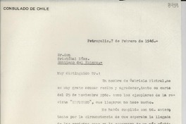 [Carta] 1946 feb. 7, Petrópolis [a] Cristóbal Díaz, Santiago del Estero