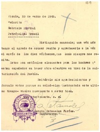 [Carta] 1943 mar. 13, Vicuña, [Chile] [a] Gabriela Mistral, Petrópolis