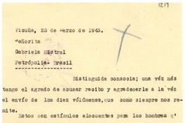 [Carta] 1943 mar. 13, Vicuña, [Chile] [a] Gabriela Mistral, Petrópolis