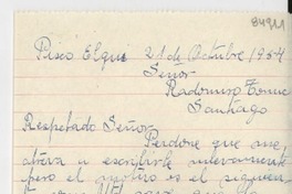 [Carta] 1954 oct. 21, Pisco Elqui, [Chile] [a] Radomiro Tomic, Santiago, [Chile]