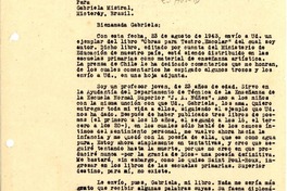 [Carta] 1943 [ago. 23], Santiago, Chile [a] Gabriela Mistral, Brasil