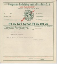 [Telegrama] 1945 nov. 19, Río de Janeiro, [Brasil] [a] Adelaida Velasco [i.e. Velazco], Guayaquil, Ecuador