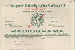 [Telegrama] 1945 nov. 19, Río de Janeiro, [Brasil] [a] Adelaida Velasco [i.e. Velazco], Guayaquil, Ecuador