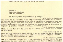 [Carta] 1943 ene. 18, Santiago, Chile [a] Gabriela Mistral, Río de Janeiro, Brasil