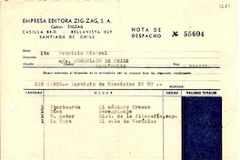 [Orden de despacho] 1944 abr. 26, Santiago, Chile [a] Gabriela Mistral, Consulado de Chile, Petrópolis, Brasil