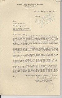 [Carta] 1949 abr. 26, Santiago [a] Gabriela Mistral, Santa Bárbara, California