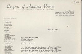 [Carta] 1946 May 10, New York [a] Gabriela Mistral, New York