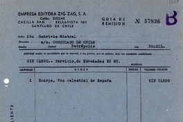 [Guía de despacho] 1944 sept. 9, Santiago, Chile [a] Gabriela Mistral, Petrópolis, Brasil