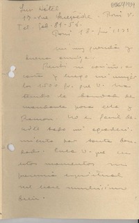 [Carta] 1939 jun. 18, Paris [a] Gabriela Mistral