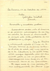 [Carta] 1944 oct. 11, La Serena, Chile [a] Gabriela Mistral, Brasil