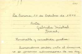 [Carta] 1944 oct. 11, La Serena, Chile [a] Gabriela Mistral, Brasil