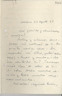 [Carta] 1941 ago. 22, México [a] Gabriela Mistral