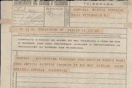 [Telegrama] 1945 nov. 16, Copacabana [a] Gabriela Mistral, Petrópolis