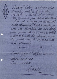 [Carta] 1944 nov. 20, Santiago, Chile [a] Gabriela Mistral