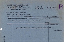 [Recibo] 1944 ago. 11, Santiago [a] Gabriela Mistral, Petrópolis