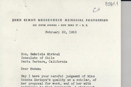 [Carta] 1950 feb. 20, [New York] [a] Gabriela Mistral, Santa Bárbara, California