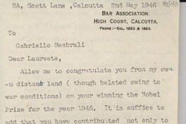 [Carta] 1946 May 2, Calcutta, [India] [a] Gabriello Mesbrali [i.e. Gabriela Mistral]