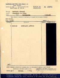 [Guía de despacho] 1944 nov. 27, Santiago, Chile [a] Gabriela Mistral