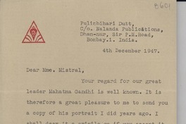 [Carta] 1947 Dec. 4, Bombay, India [a] Gabriela Mistral, Santiago, Chile