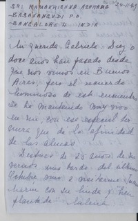 [Carta] 1949 nov. 24, Bangalore, India [a] Gabriela [Mistral]