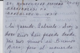 [Carta] 1949 nov. 24, Bangalore, India [a] Gabriela [Mistral]