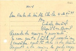 [Carta] 1944 dic. 4, San Carlos de Ñuble, Chile [a] Gabriela Mistral, Rio de Janeiro
