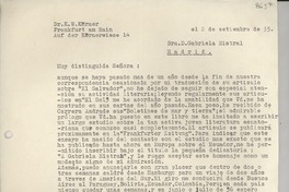 [Carta] 1935 sept. 2, Frankfurt, [Alemania] [a] Gabriela Mistral, Madrid, [España]