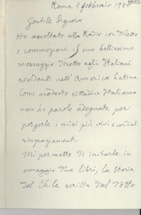 [Carta] 1946 febbr. 1, Roma [a] Gabriela Mistral