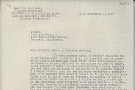 [Carta] 1946 sept. 21, Caracas, Venezuela [a] Gabriela Mistral, Monrovia, California, [EE.UU.]