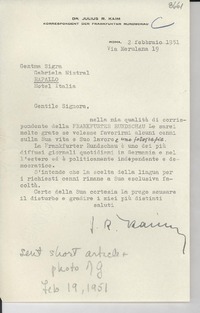 [Carta] 1951 febbr. 2, Roma, Italia [a] Gabriela Mistral, Rapallo, [Italia]