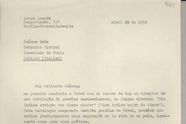 [Carta] 1952 abr. 28, Berlin-Oberschöneweide, [Alemania] [a] Gabriela Mistral, Consulado de Chile, Rapallo, Italien