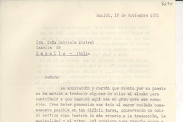 [Carta] 1951 nov. 16, Munich, [Alemania] [a] Gabriela Mistral, Rapallo, Italia
