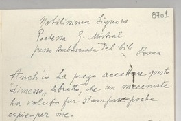 [Carta] 1946 febbr. 6, Roma [a] Gabriela Mistral, Roma