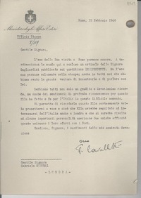 [Carta] 1946 febbr. 15, Roma [a] Gabriela Mistral, Londres