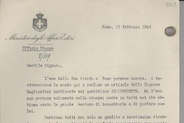 [Carta] 1946 febbr. 15, Roma [a] Gabriela Mistral, Londres