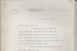 [Carta] 1946 July 11, Washington D. C., [EE.UU.] [a] Miss Gabriela Mistral, Consul de Chile, Monrovia, California, [EE.UU.]