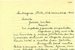 [Carta] 1945 nov. 15, Santiago [a] Gabriela Mistral, Petrópolis