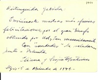[Tarjeta] 1945 nov. 15, Santiago [a] Gabriela Mistral