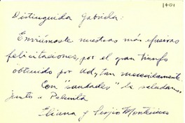 [Tarjeta] 1945 nov. 15, Santiago [a] Gabriela Mistral