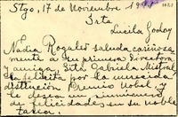 [Tarjeta] 1945 nov. 17, Santiago, [Chile] [a] Lucila Godoy