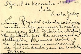 [Tarjeta] 1945 nov. 17, Santiago, [Chile] [a] Lucila Godoy