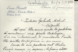 [Carta] 1951 genn. 15, Milano, [Italia] [a] Gabriela Mistral, Rapallo