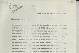 [Carta] 1951 feb. 26, Roma, [Italia] [a] Gabriela Mistral