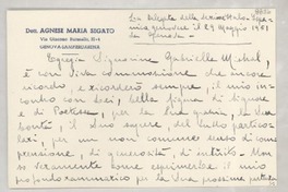 [Tarjeta] 1951 magg. 29, Genova, [Italia] [a] Gabriella [i.e. Gabriela] Mistral