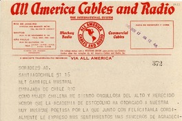 [Telegrama] 1945 nov. 17, Santiago, Chile [a] Gabriela Mistral, Embajada de Chile, Rio, Brasil